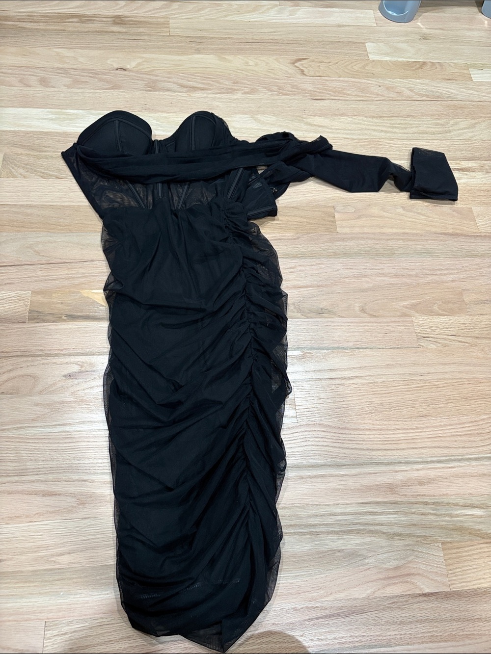 Oh Polly Black Ruched One-Shoulder Mesh Dress